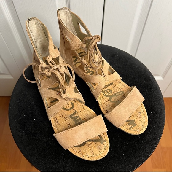 Sam Edelman Dean Beige Suede Demi Wedge Caged Sandal SZ 8 Cork Strappy - Picture 3 of 13